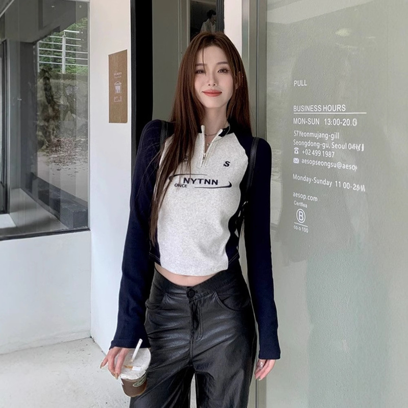 American Shoulder Slim-fit Slimming Letter Zipper Long-sleeved T-shirt Women's Spring and Autumn Short Contrast Color Collar Top Base