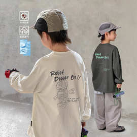 洋气童装男童T恤2025春秋新款儿童舒适柔软长袖男孩印花落肩上衣