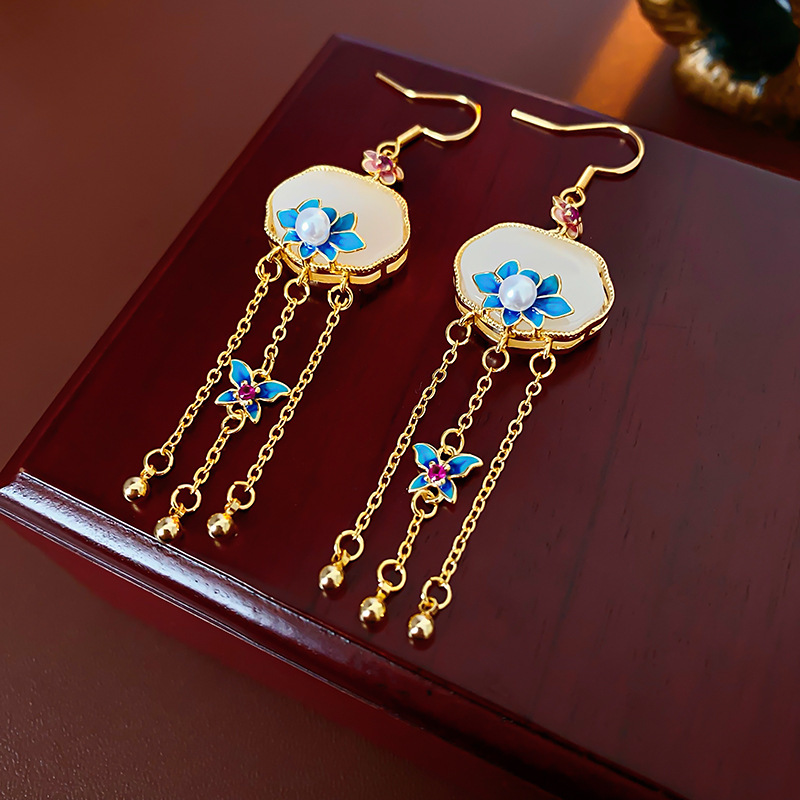 Aguja de plata Nuevos pendientes en forma de abanico de bambú de estilo chino Pendientes de mariposa de gota de agua de moda nacional Pendientes retro de todo fósforo Pendientes mujer