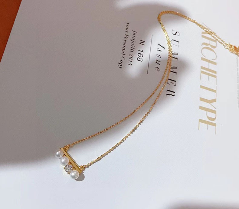 Collana in legno con tre perle in equilibrio con catena per clavicola intarsiata con perle d'acqua dolce, catena a forma di O in oro da donna, regolabile_voghion.com