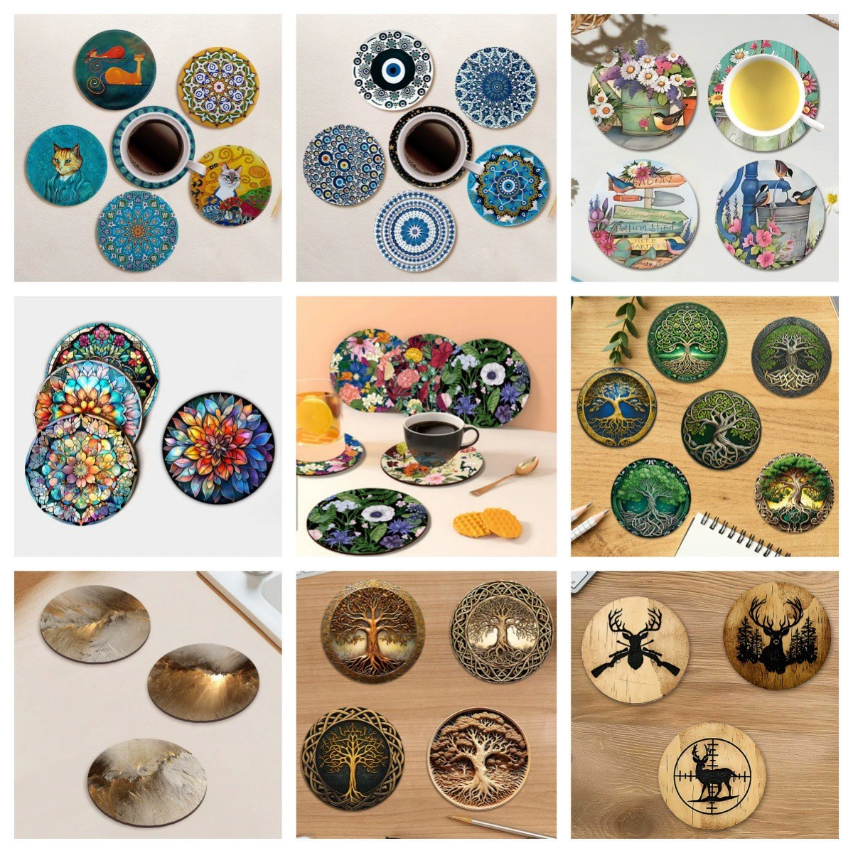Новая многоцветная деревянная подставка для кофейной чашки Amazon с цветком жизни, подставка для чая с молоком, изолированная подставка с защитой от ожогов