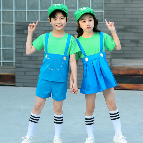 Summer Cosplay Mario Cartoon Costume for Boys and Girls, Sibling Set, Overseas Trade Children Super Mario Suit Set