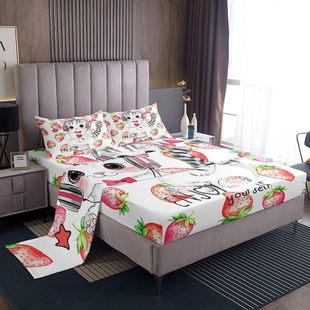 Cute cartoon strawberry kitten pattern cross-border bed hat four-piece bedroom guest room dormitory bedding suit