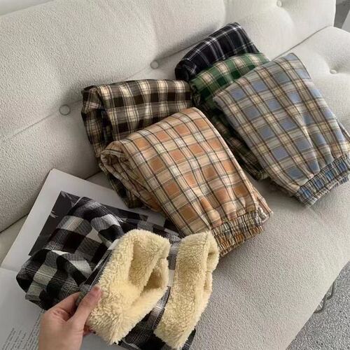 Winter Warm Fleece Lined Lamb Wool Plaid Pants for Women High-Waisted Flowy Wide-Leg Casual Home Pants Thick Warm