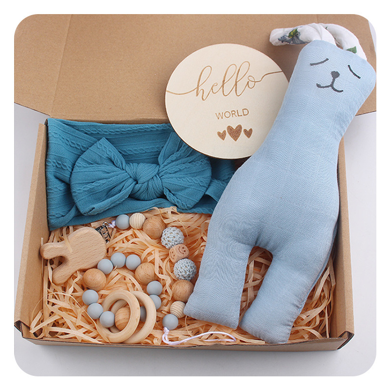 Clip de chupete de madera de haya de conejo de dibujos animados para bebés, banda para el cabello con lazo para bebés, cadena de chupete, juego de cinco piezas