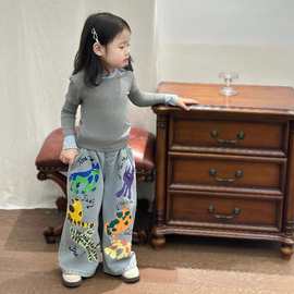 女童春装套装2025新款洋气儿童宽松牛仔裤宝宝春季阔腿长裤两件套