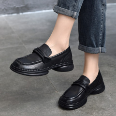 2024 Spring Genuine Leather Mid-Heel Single Shoes Women's Soft Sole Soft Cowhide Loafers Round Toe Slip-on Small Leather Shoes Mom's Shoes