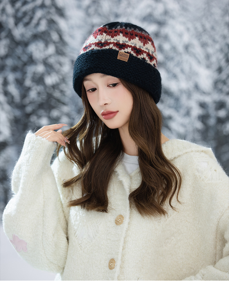 Etichetta in pelle stile Fair Isle con bordo arrotolato, maglia di lana, autunno inverno, retrò, snellente, natalizio, casual, antivento, caldo_voghion.com