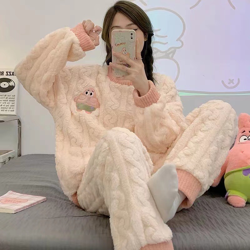 Franela engrosada de manga larga pijamas para mujeres invierno dulce Otoño e Invierno oso coral polar cálido ropa de abrigo homewear traje image 11