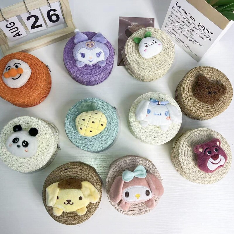 Children's Straw Bag Cartoon Small Bag Round Bag Summer Beach Sweet Girl Baby Crossbody Travel Cute Coin Purse