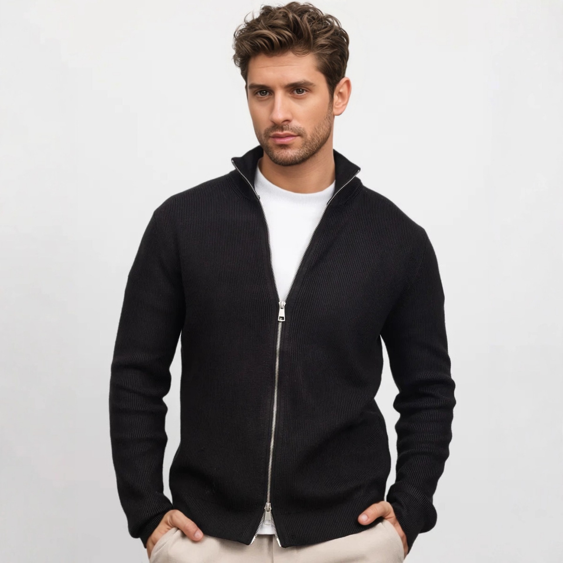 Hombre de cuello alto de doble cabeza cremallera suéter otoño y invierno nuevo estilo de ropa casual de hombre de negocios de color sólido delgado jersey cardigan superior