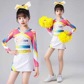 儿童啦啦操演出服长袖新款女童拉拉队表演服健美操竞技赛比赛服钻