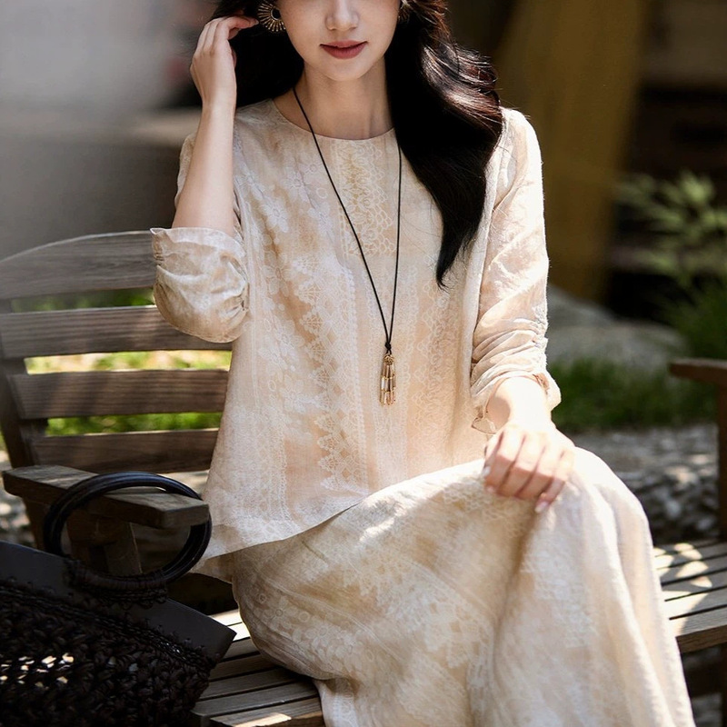 Xiaohan Ge『Sand Apricot Blossom Notes·Ramie Poetry Lines』French-Style Shirt/Simple Top/Skirt/Dress Xiaohan Ge『Sand Apricot Blossom Notes·Ramie Poetry Lines』French-Style Shirt/Simple Top/Skirt/Dress