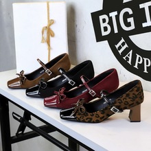 5296-H81 Mary Jane Shoes Women's Coarse Heel Bow Shallow Mouth Single Shoes Square Head Suede Water Diamond Buckle Strap Women's Shoes