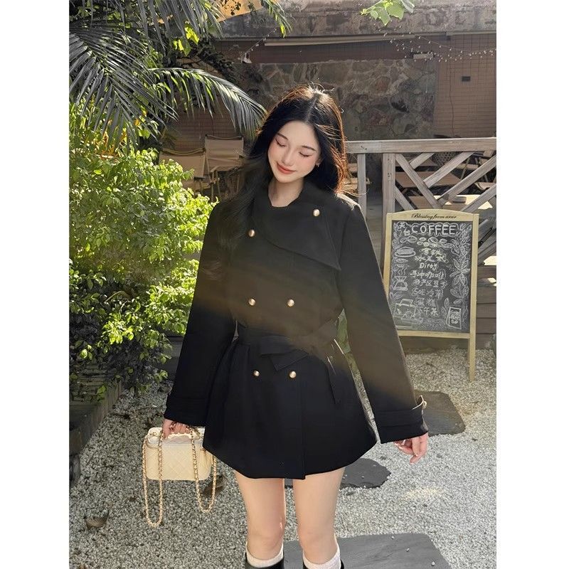 Trendy Black Short Trench Coat for Women, Popular Online Style, Petite Korean Mid-Length Wool Coat Trendy Black Short Trench Coat for Women, Popular Online Style, Petite Korean Mid-Length Wool Coat