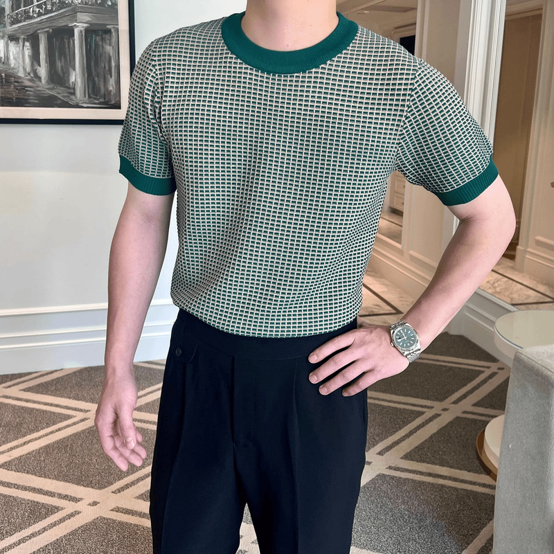 Spring and Autumn Men's Short-Sleeve Knit Sweater, Slim-Fit Round Neck Sweater, Jacquard Thickened Base Shirt, Wholesale Trendy Youth Style Spring and Autumn Men's Short-Sleeve Knit Sweater, Slim-Fit Round Neck Sweater, Jacquard Thickened Base Shirt, Wholesale Trendy Youth Style