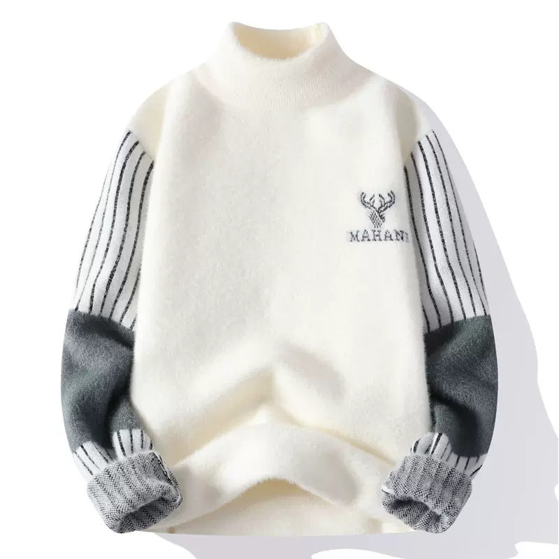 秋冬男士半高领仿水貂绒修身毛衣男加绒加厚保暖潮流打底针织毛衣