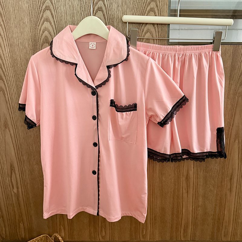 Venta al por mayor transfronteriza de nuevos pantalones cortos de verano de manga corta cardigan pijamas de solapa de imitación para mujer traje simple servicio a domicilio