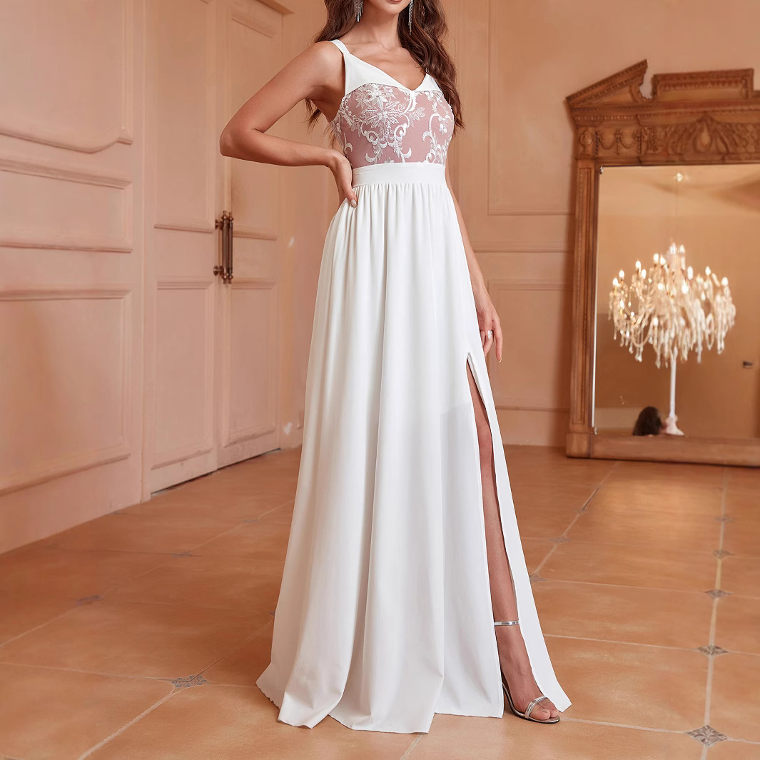 Ropa de mujer de comercio exterior de Europa y América Venta caliente color sólido sin espalda vestido largo transfronterizo encaje largo blanco sexy vestido dividido