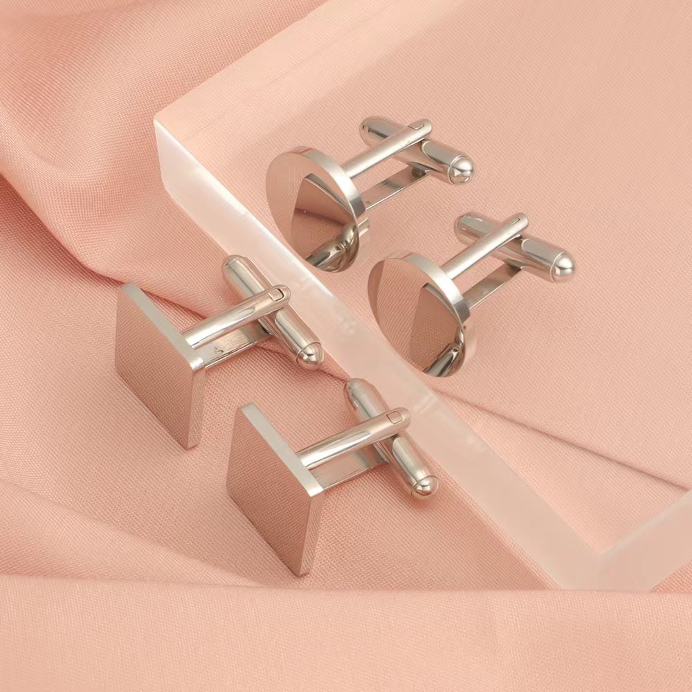 European and American Hot-Selling Mirror Titanium Steel Round and Square Cufflink Set for Men's Shirts, French Cufflinks