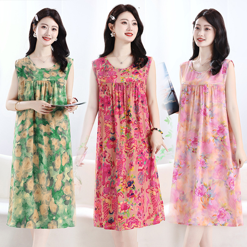 Dropshipping 2026 Summer New Style Sleeveless Fashion Printed Home Dress, Thin Loose Comfortable Cotton Silk Dress