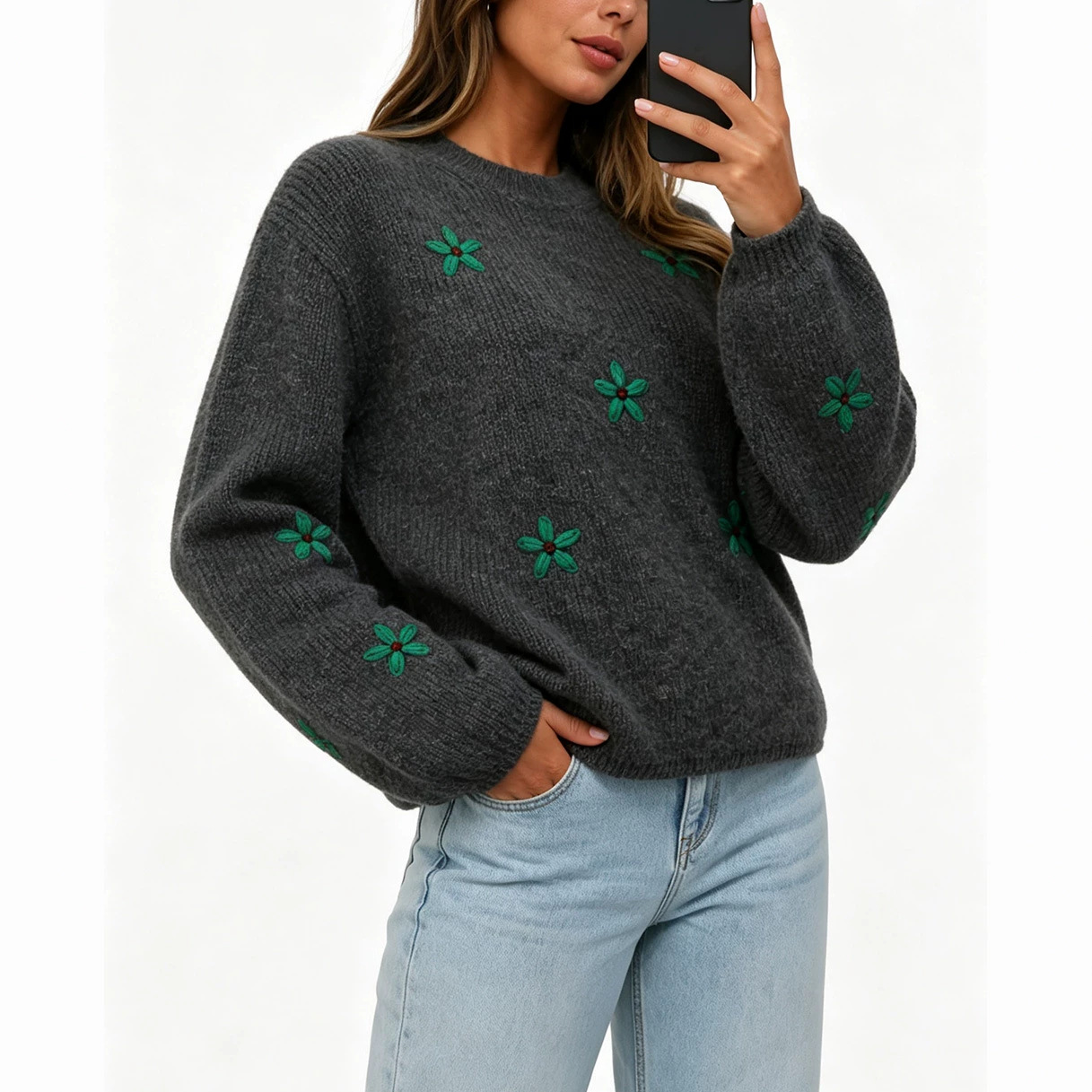 European and American retro green flower embroidered round neck sweater for women autumn and winter lazy style loose pullover sweater cross-border