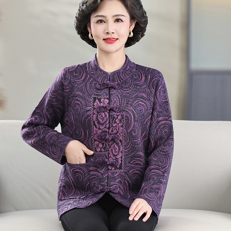 中老年女裝風(fēng)針織衫毛衣外套復(fù)古盤扣開衫吉祥生日禮物奶奶裝，女裝短外套，妃慕昵服飾