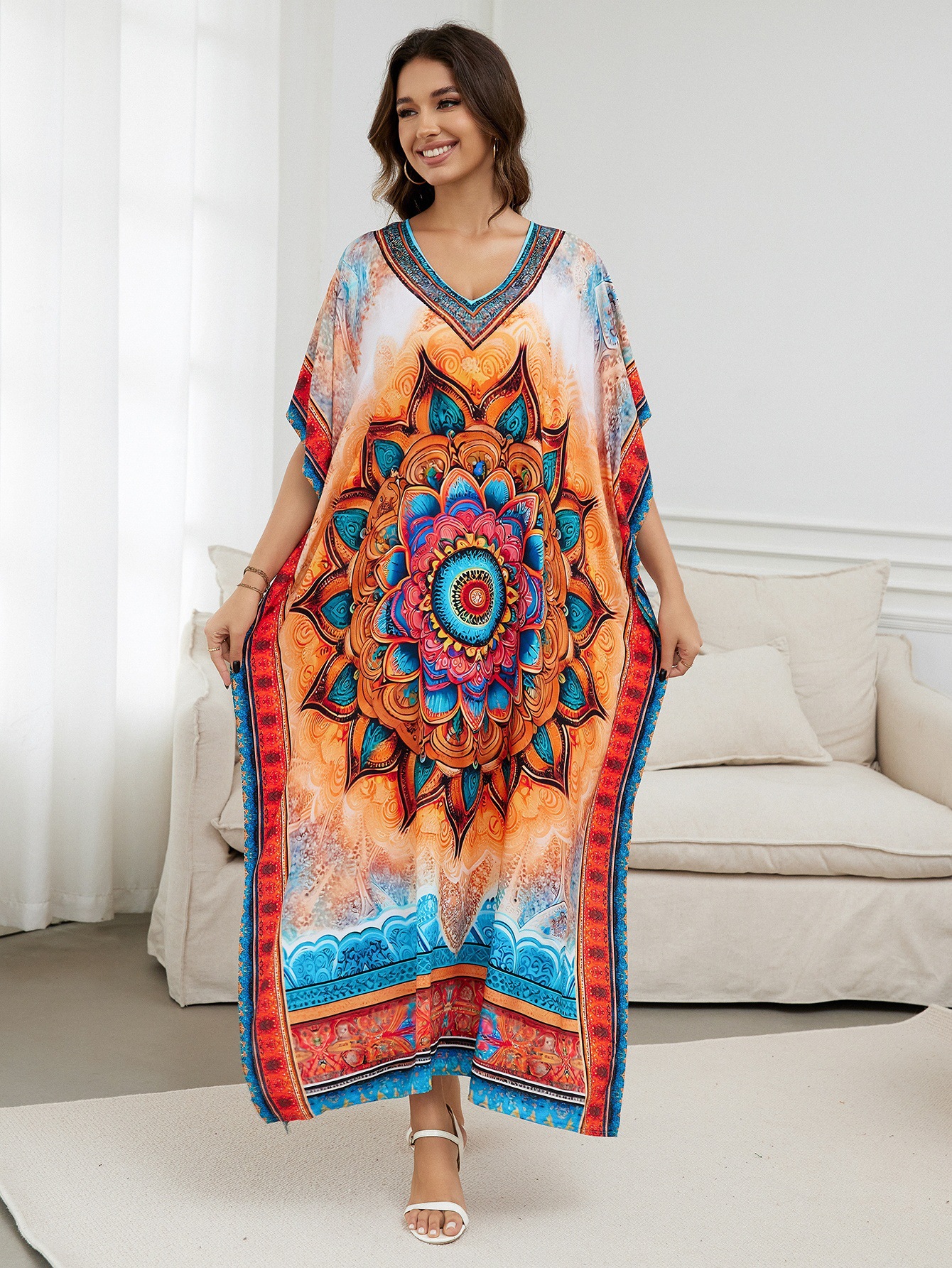 Rochie de plajă lungă kimono dama boho viscoză tie-dye_voghion.com