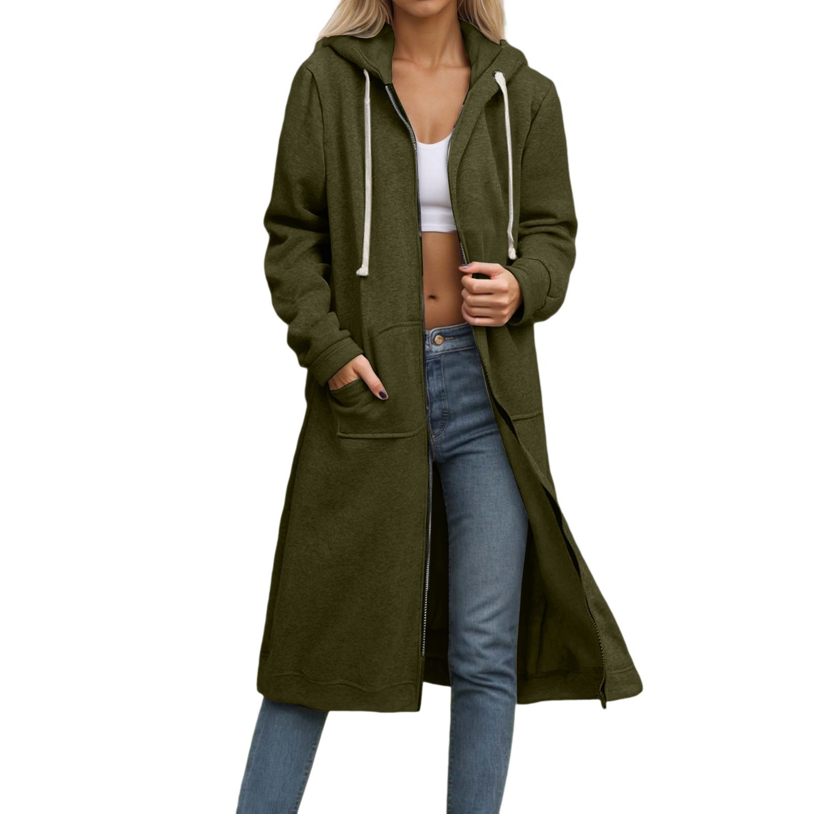 Women's Autumn and Winter Loose Zipper Long Cardigan Hooded Sweatshirt Jacket