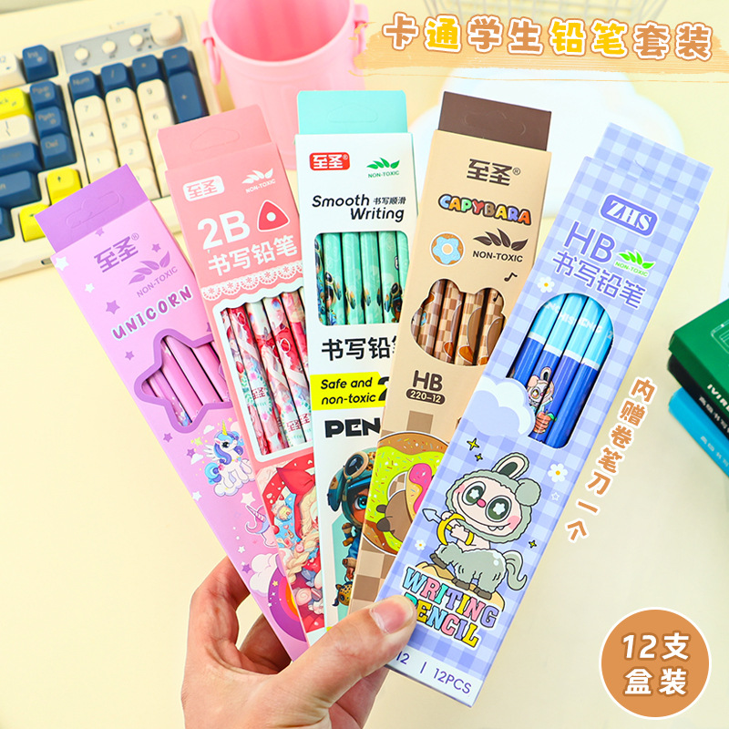 New Cartoon Student Pencils 12 Pieces in a Box Pencil Set Drawing Writing Coloring Exam Special Pencil Wholesale