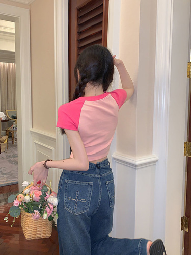 Embroidered short-sleeved T-shirt women's summer design niche slim sweet hottie navel-baring short t-shirt top ins trend