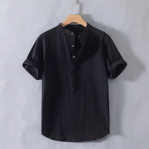 Slim Fit Breathable Linen Men's Short-Sleeve High-End Chinese Stand Collar Top Summer Cotton-Linen T-Shirt Men's Polo Shirt