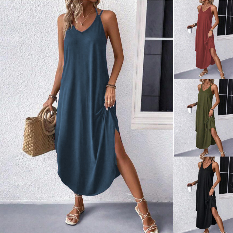Amazon European and American Cross-Border Women's Clothing Solid Color Loose Long Dress Tank Top V-Neck Dress Suspender Dress 2026 New Model