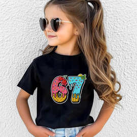 动漫卡通数字SIX SEVEN 67印花男女儿童短袖T恤圆领洋气潮流上衣