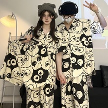 日系韩版情侣睡衣女夏季纯棉短袖短裤三件套大码男士家居服春秋款
