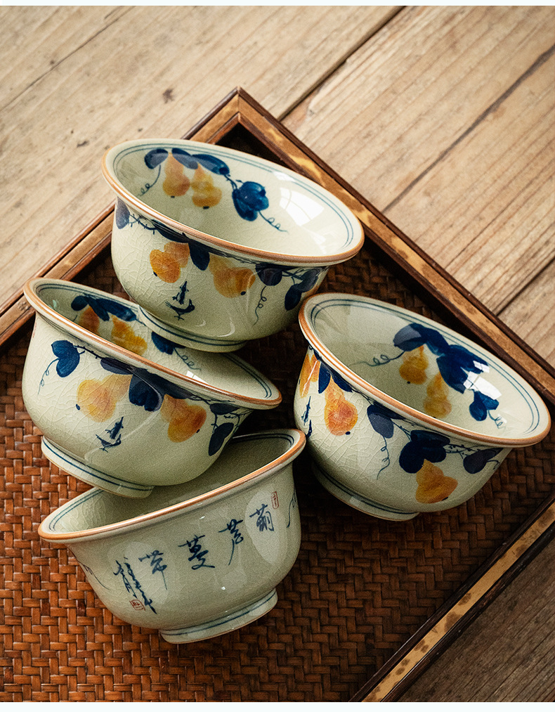 老陶泥压手杯手绘葫芦蔓蒂主人杯品茗杯单杯茶盏复古冰裂大茶碗阿里巴巴