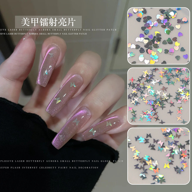 Butterfly Laser Sequins Nail Art Jewelry Boxed Flash Light Magic Silver Four Mans Star Nail Patch Accessories