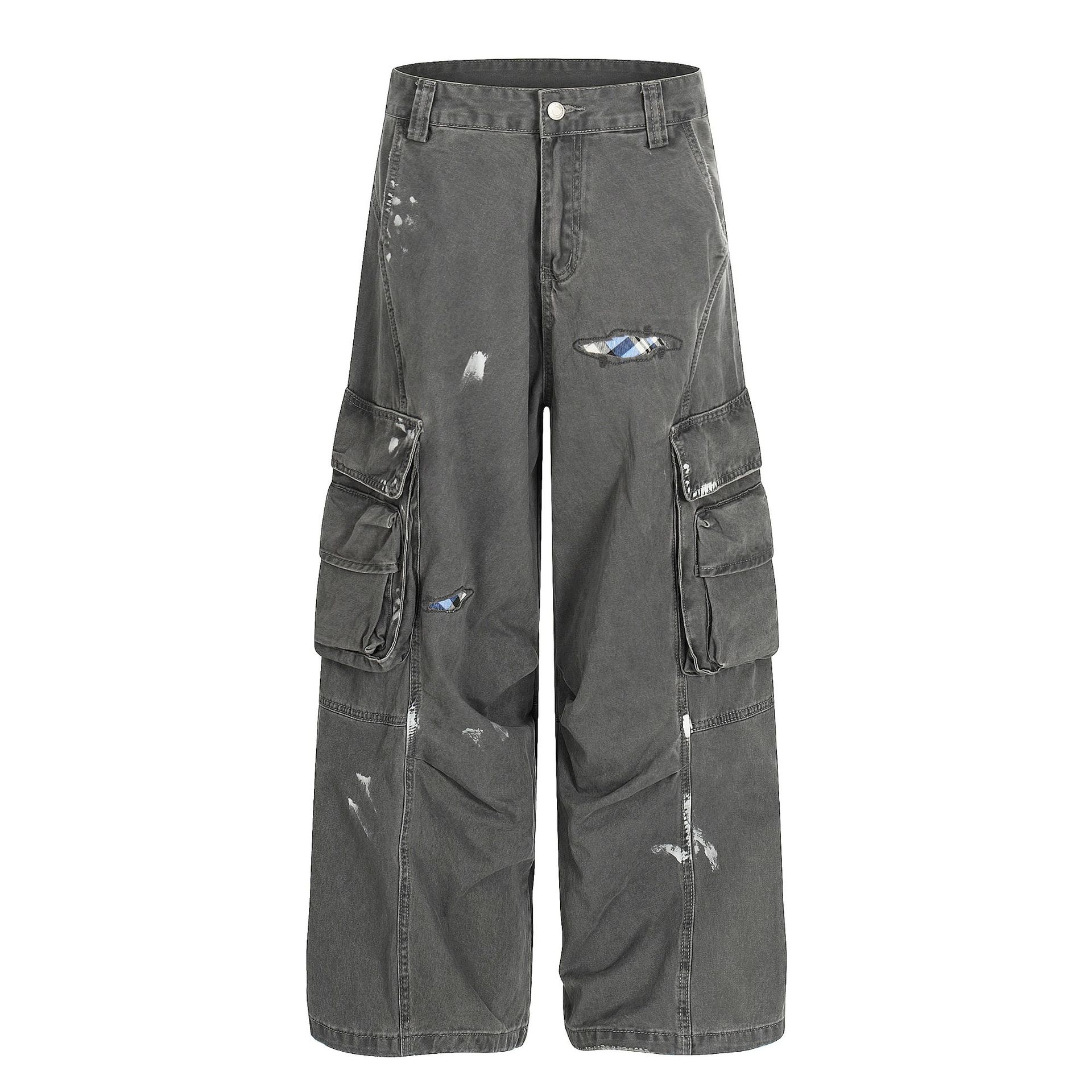 Z040 American High Street Men's and Women's Street Fashion High-End Worn-Out Dirty Design Men's Loose-Leg Scimitar Cargo Pants