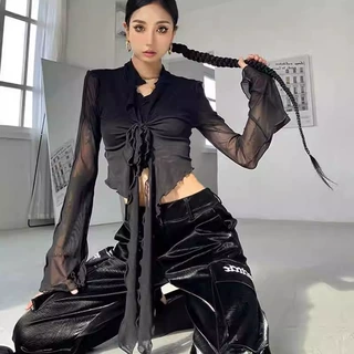 辣妹风纯欲网纱开衫女夏秋新款微透薄款绑带喇叭袖显瘦上衣短款潮