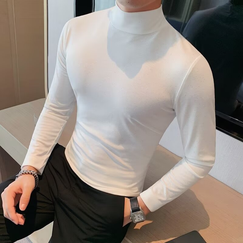 남자 봄과 가을 꽉 맞는 올 매치 솔리드 컬러 스트레치 한국 스타일 슬림 핏 미드 칼라 트렌디 티셔츠