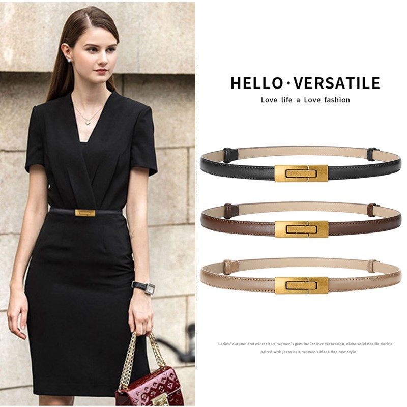 Women's Thin Belt, Genuine Leather, Fashionable and Versatile Trouser Belt, High-End Decorative Suit Coat Belt with Dress Waist Chain