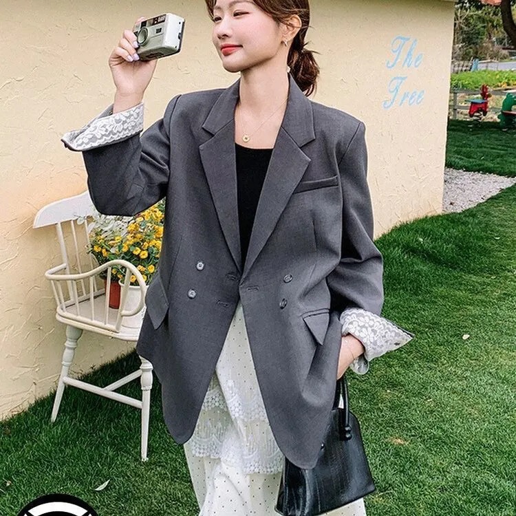 High-End Gray Lace Splicing Suit Jacket for Women 2025 Spring New Elegant Double-Breasted Commuter Suit