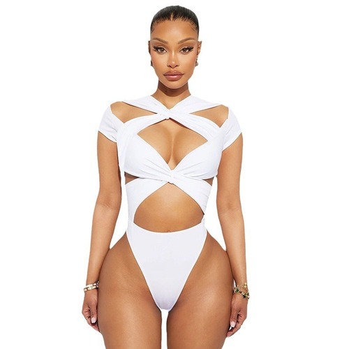2024 Summer Women's Crossed Hollow Sexy Waistband Short Sleeve Crop Top Bodysuit Wholesale 