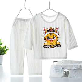 儿童棉质家居服夏季薄款空调服男童女童长袖套装七分袖休息裤睡衣