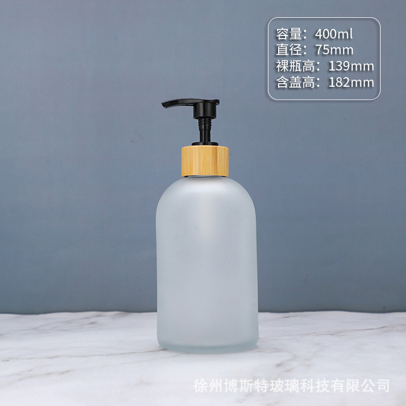 400ml; botella de arena blanca + bomba de presión de bambú y madera; vidrio