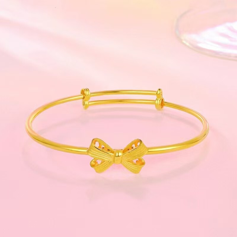 Vietnamese Gold-Plated Sweet Brass Adjustable Bracelet with 3D Bowknot, Cute Gift