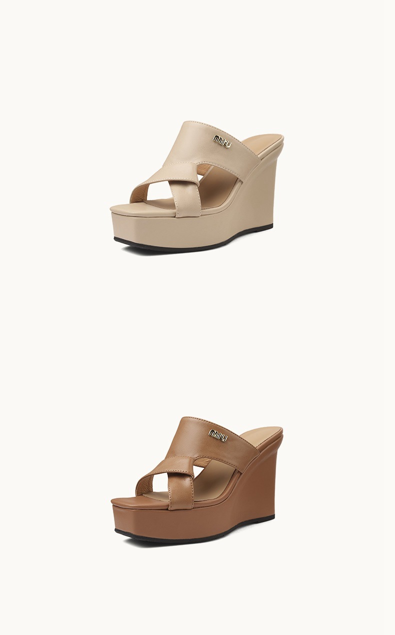 Sandal nữ hở mũi da bò đế xuồng cao gót mùa hè phong cách Âu Mỹ — màu nâu chi tiết 9