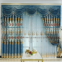 跨境欧式奢华客厅餐厅加厚雪尼尔镂空水溶刺绣遮阳成品窗帘蓝色