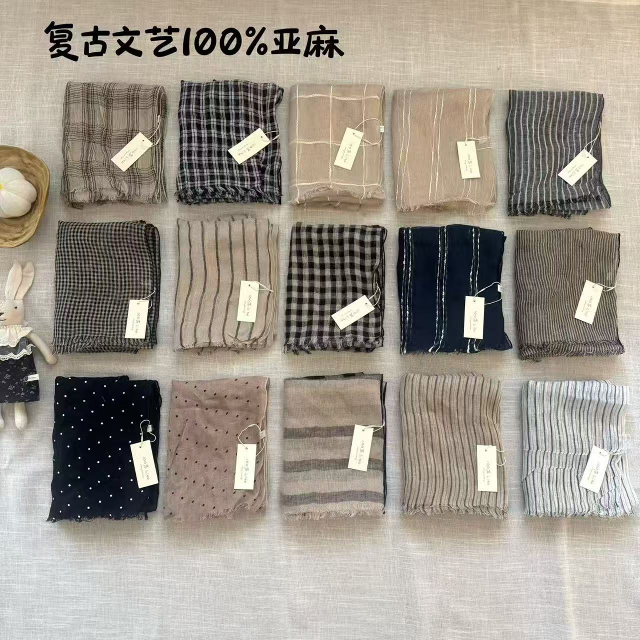 Japanese and Korean 100% linen textured plaid long scarf for women, autumn breathable high-end silk scarf, vintage style neck scarf