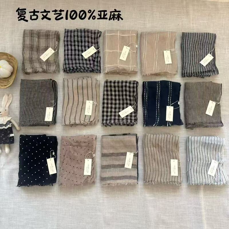 Japanese and Korean 100% linen textured plaid long scarf for women, autumn breathable high-end silk scarf, vintage style neck scarf Japanese and Korean 100% linen textured plaid long scarf for women, autumn breathable high-end silk scarf, vintage style neck scarf